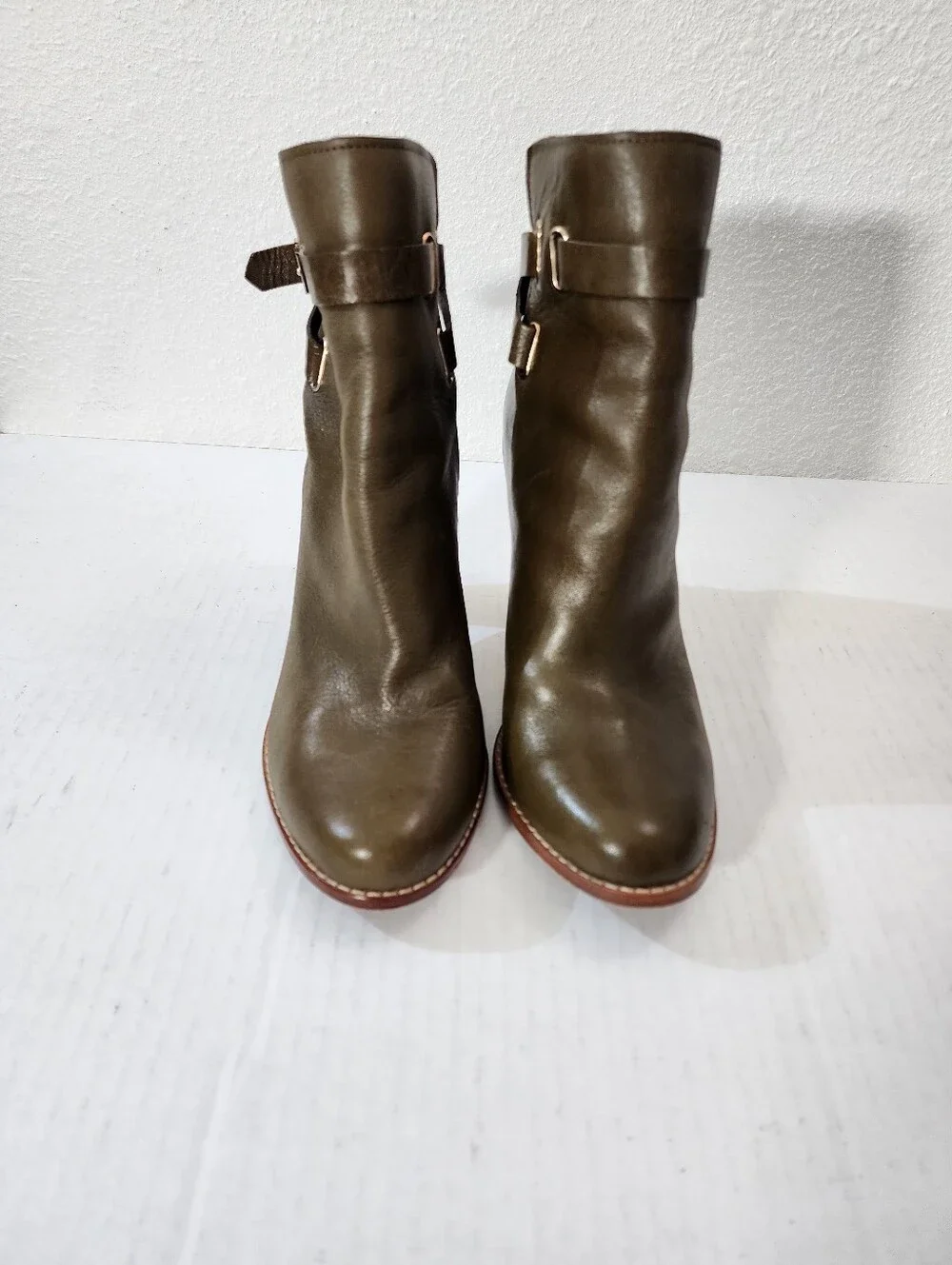 Joie Easton Women Olive Leather Buckle Boho Ankle  Boots Block Heel Rustic 38.5